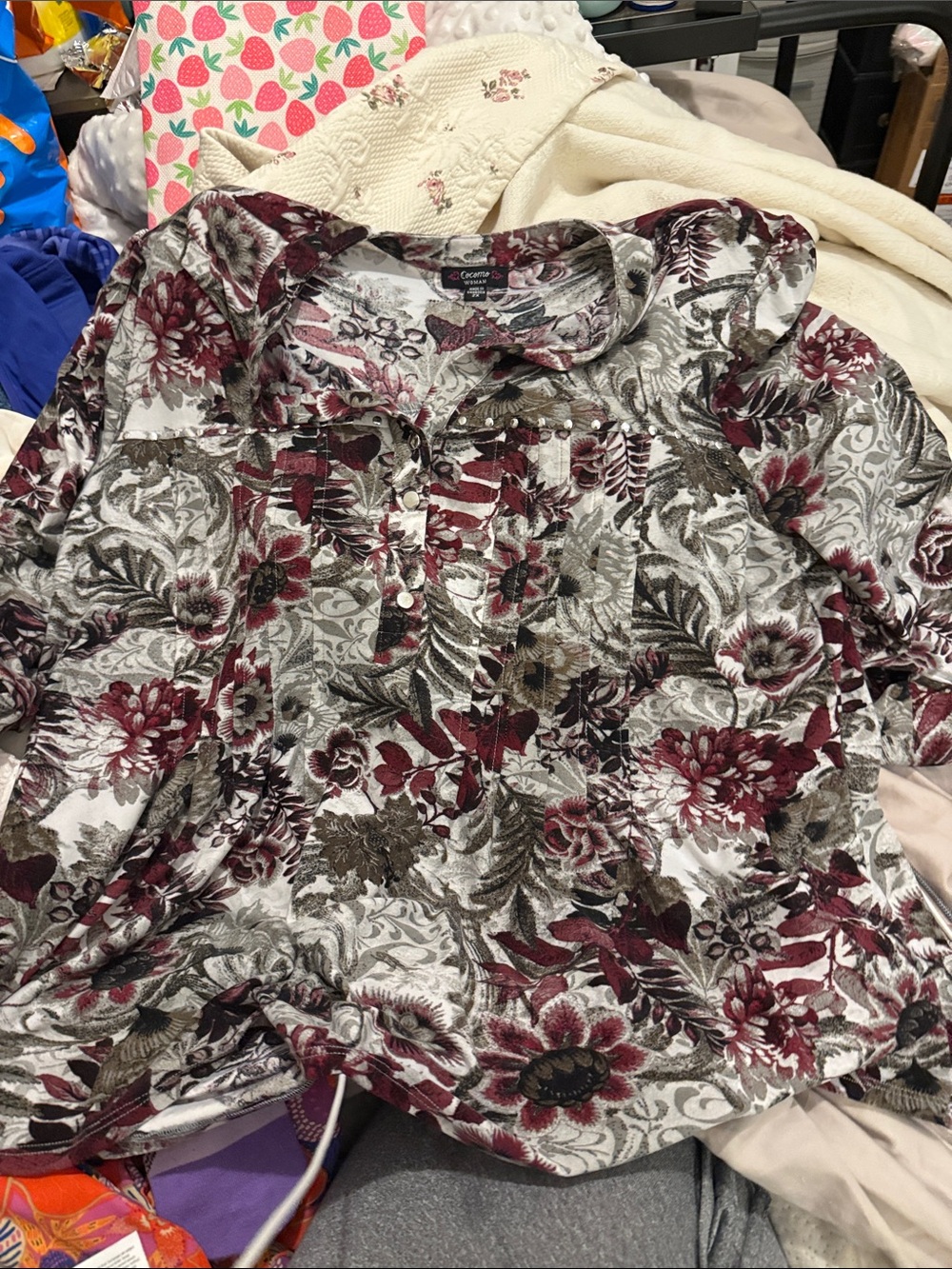 Cocomo Burgundy, Gray & Cream Floral Button-Front Blouse